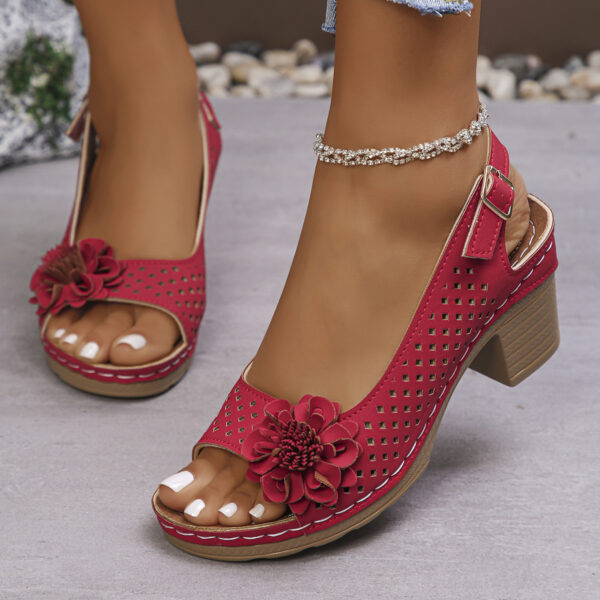 Plus Size Flower Casual Buckle Solid Color High Heel Sandals - Image 9