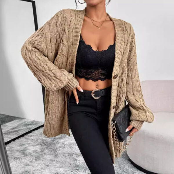Women's Single-breasted Long Sleeve V-neck Sweaters Coat - Image 2