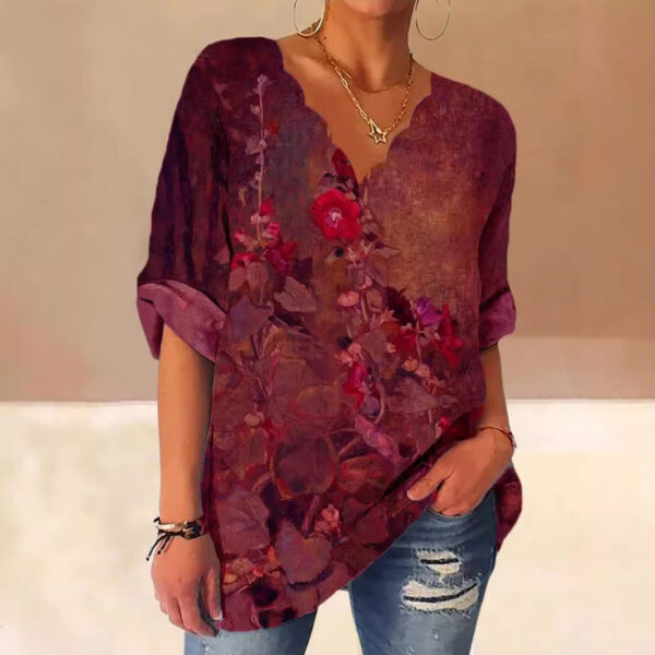 European And American Autumn Fluted Collar Cotton And Linen Retro Printed Shirt Women - Image 10