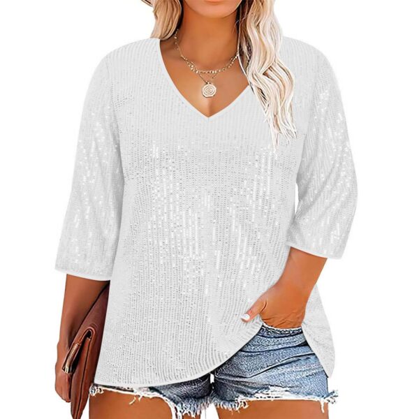 European And American Autumn And Winter Loose Top Retro Sequin Casual V-neck Sequined T-shirt For Women - Image 3