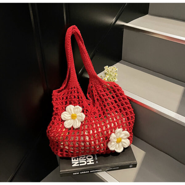 Knitted Handbag Woven Mesh Hollow Out Flower Large Capacity Versatile Shoulder Bag - Image 7