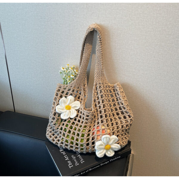 Knitted Handbag Woven Mesh Hollow Out Flower Large Capacity Versatile Shoulder Bag - Image 8