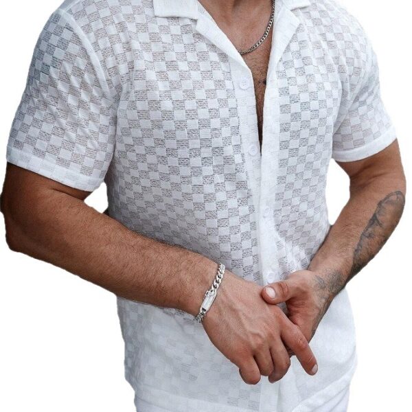 Men's Solid Color Lace Hollow Comfort Casual Shirt - Image 3