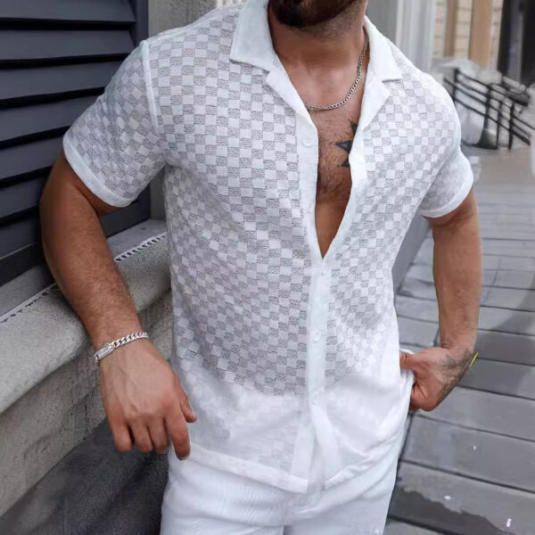 Men's Solid Color Lace Hollow Comfort Casual Shirt - Image 2