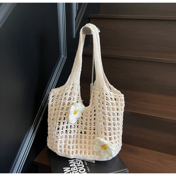Knitted Handbag Woven Mesh Hollow Out Flower Large Capacity Versatile Shoulder Bag - Image 3