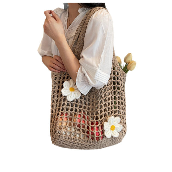 Knitted Handbag Woven Mesh Hollow Out Flower Large Capacity Versatile Shoulder Bag - Image 5