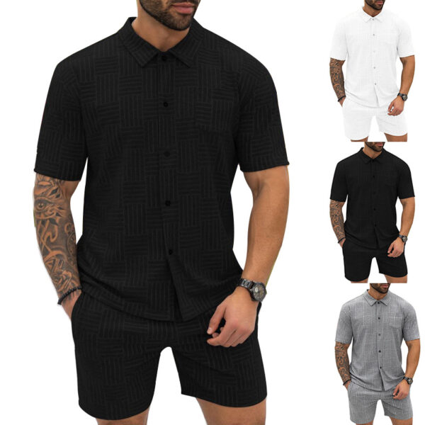 Men's Jacquard Button Shirt Lapel Casual T-shirt Suit - Image 4