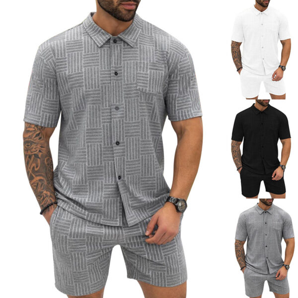 Men's Jacquard Button Shirt Lapel Casual T-shirt Suit - Image 6