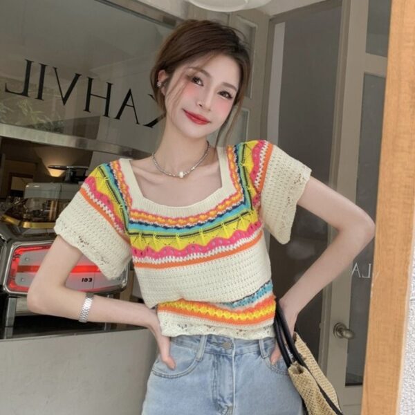 Summer Slim Chic Contrast Color Stripes Square Collar Short Sleeve - Image 5