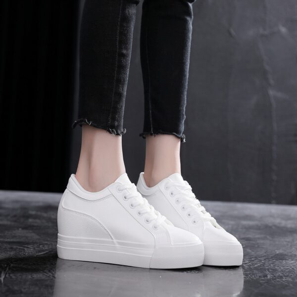 Soft Leather White Thick Bottom Height Increasing Insole Canvas Shoes - Image 3