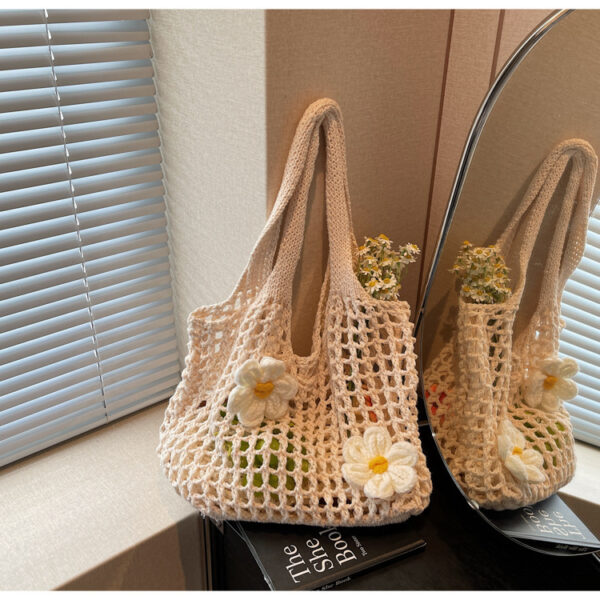 Knitted Handbag Woven Mesh Hollow Out Flower Large Capacity Versatile Shoulder Bag - Image 9