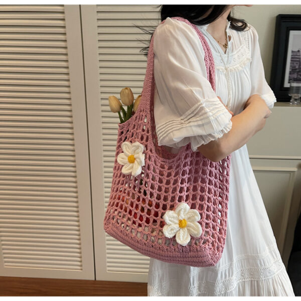 Knitted Handbag Woven Mesh Hollow Out Flower Large Capacity Versatile Shoulder Bag - Image 6