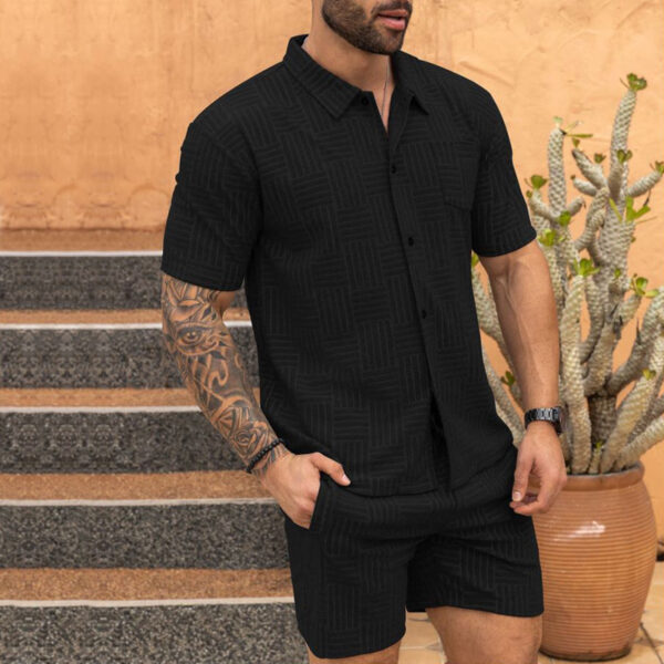 Men's Jacquard Button Shirt Lapel Casual T-shirt Suit - Image 3