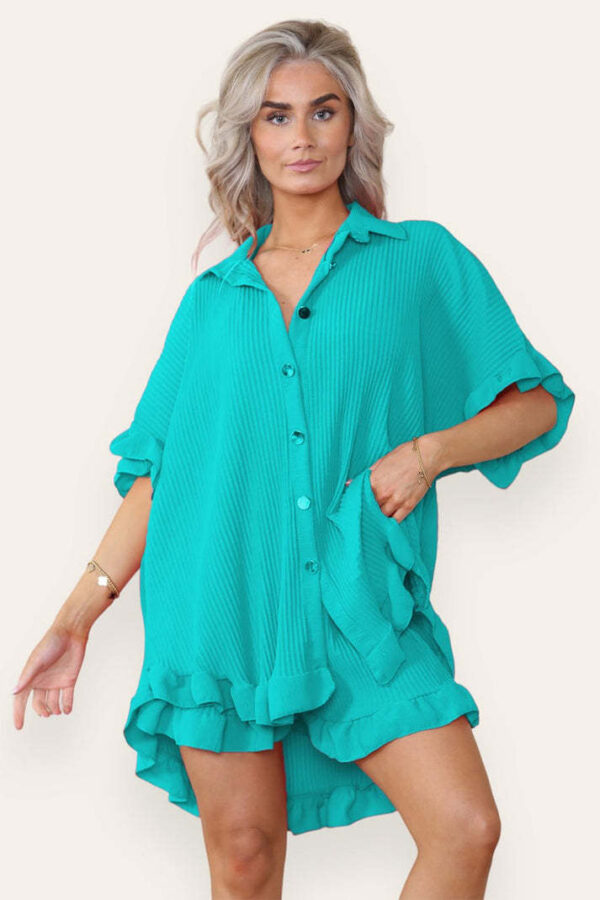 Women Casual Oversized Gold Button Pleated Frilled Ruffle Short Sleeves Shirt Top And Short Co Ord Set - Image 8