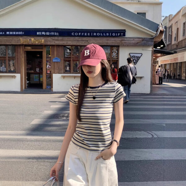 Contrast Color Striped Round Neck Short Sleeve Women's Shoulder Top - Image 6