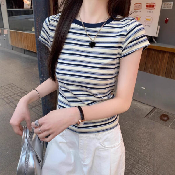 Contrast Color Striped Round Neck Short Sleeve Women's Shoulder Top - Image 7