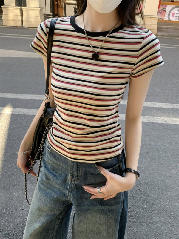 Contrast Color Striped Round Neck Short Sleeve Women's Shoulder Top - Image 5