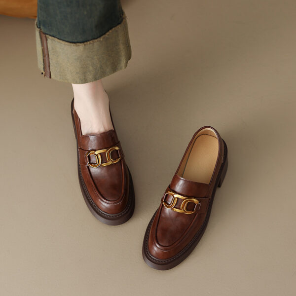 Sheepskin Preppy Style Metal Buckle High Heel Loafers Women - Image 5