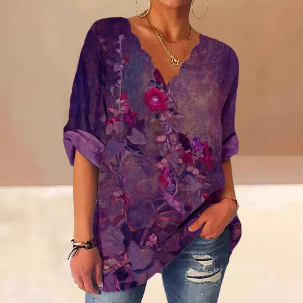 European And American Autumn Fluted Collar Cotton And Linen Retro Printed Shirt Women - Image 6