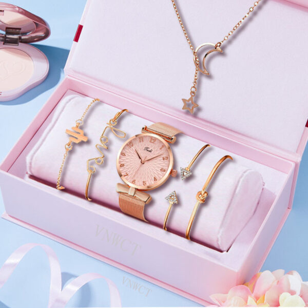 Casual Gift Set Women Disc Mesh Belt Quartz Watch Bracelet Bangle Set 6pcsset - Image 2
