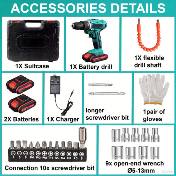 2 Battery Cordless Drill 21V Electric Screwdriver Set Combi Driver High Power UK - Image 5