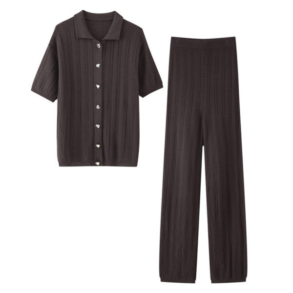 Fashion Texture Knitted Slim Straight Lapel Short Sleeve Trousers - Image 5