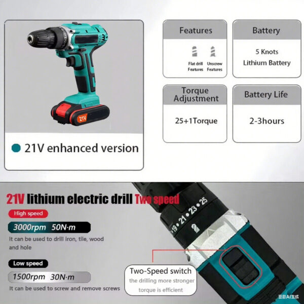 2 Battery Cordless Drill 21V Electric Screwdriver Set Combi Driver High Power UK - Image 7