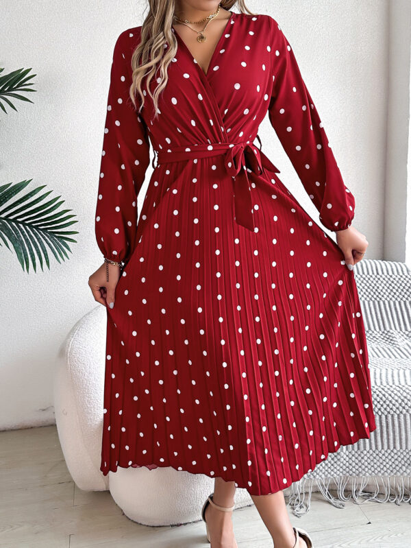 Spring Summer Elegant Long Dress Cross V-Neck Contrast Polka Dot Long Sleeve Pleated Bridesmaid Dresses - Image 10