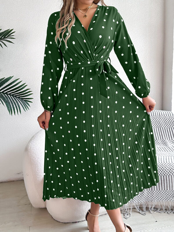 Spring Summer Elegant Long Dress Cross V-Neck Contrast Polka Dot Long Sleeve Pleated Bridesmaid Dresses - Image 4