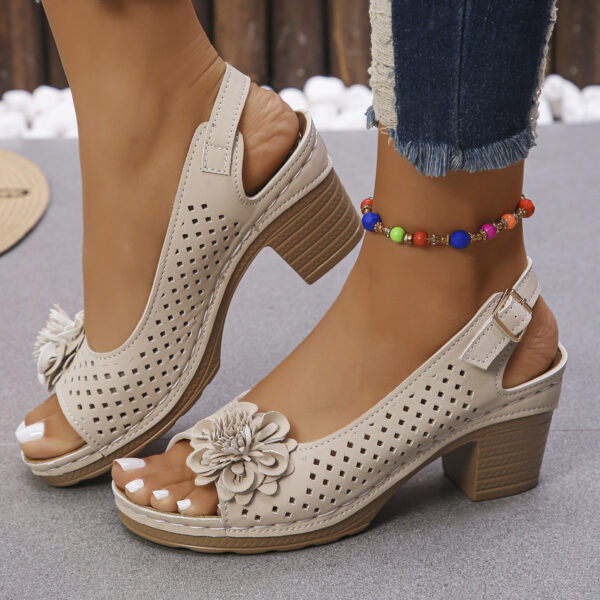 Plus Size Flower Casual Buckle Solid Color High Heel Sandals - Image 3