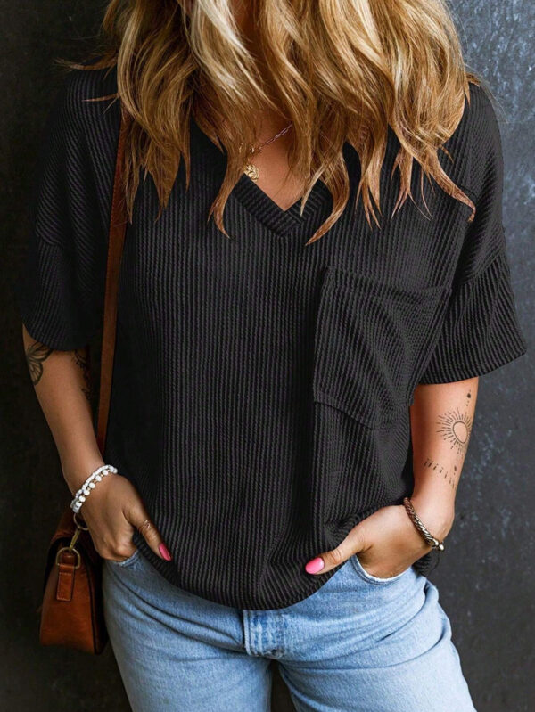 Fashionable Two-tone Pullover Short Sleeve V-neck Top For Women - Image 6