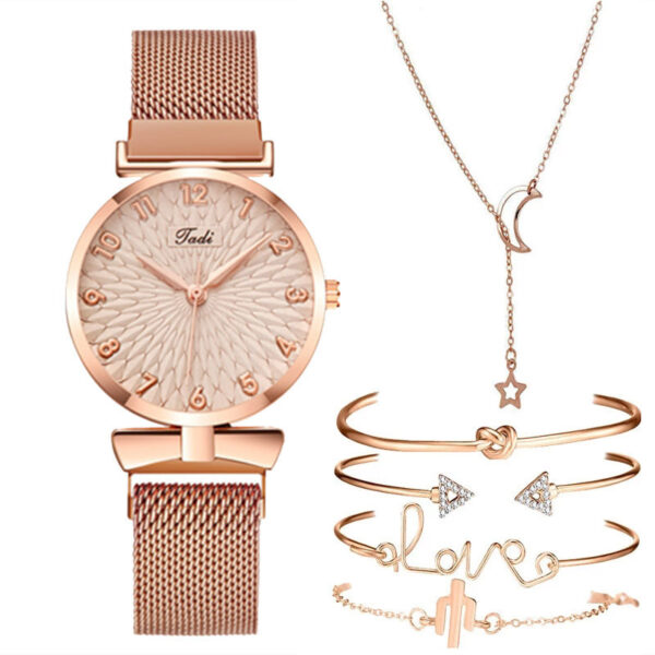 Casual Gift Set Women Disc Mesh Belt Quartz Watch Bracelet Bangle Set 6pcsset - Image 3