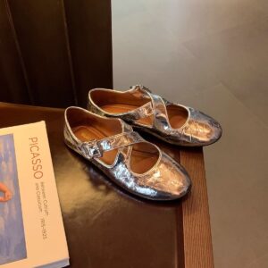 Cross Strap Silver Round Head Women's Shallow Mouth Flat Bottom Leather Shoes