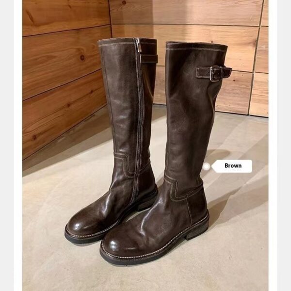 Washed Horse Leather Belt Buckle Thick Bottom Thigh High Boots Women - Image 2