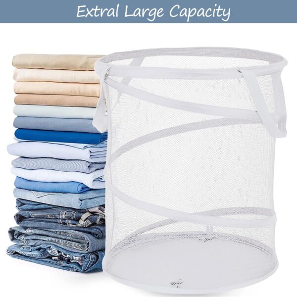Large Collapsible Laundry Basket Foldable Mesh  Up Hamper With Handles For Laundry Room, Bath, Kids Room, College Dorm, Travel, Storage Organizer White - Image 3
