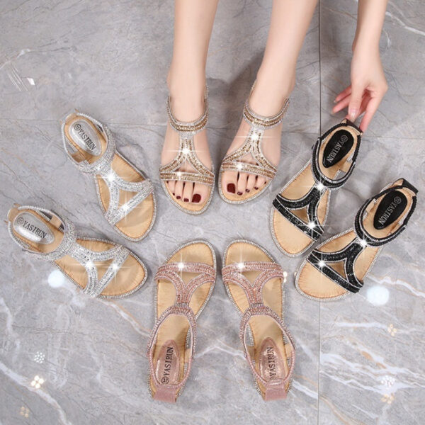 Bohemian Style Women's Shoes Hollow Out Flat Rhinestone Sandals - Image 4