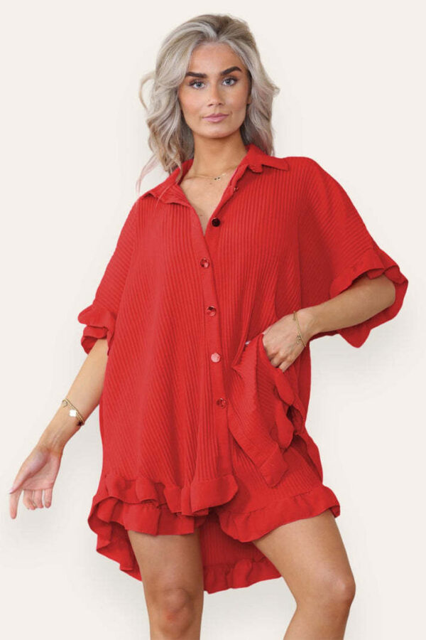 Women Casual Oversized Gold Button Pleated Frilled Ruffle Short Sleeves Shirt Top And Short Co Ord Set - Image 4
