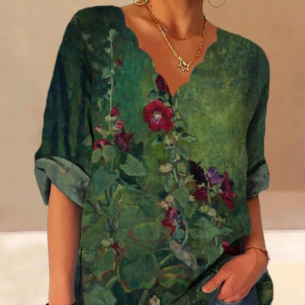 European And American Autumn Fluted Collar Cotton And Linen Retro Printed Shirt Women - Image 2