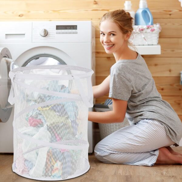 Large Collapsible Laundry Basket Foldable Mesh  Up Hamper With Handles For Laundry Room, Bath, Kids Room, College Dorm, Travel, Storage Organizer White - Image 5