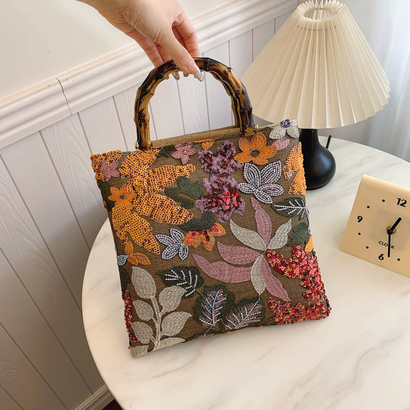 Colorful Sequins Vintage Embroidered Bamboo Handbag - Image 3