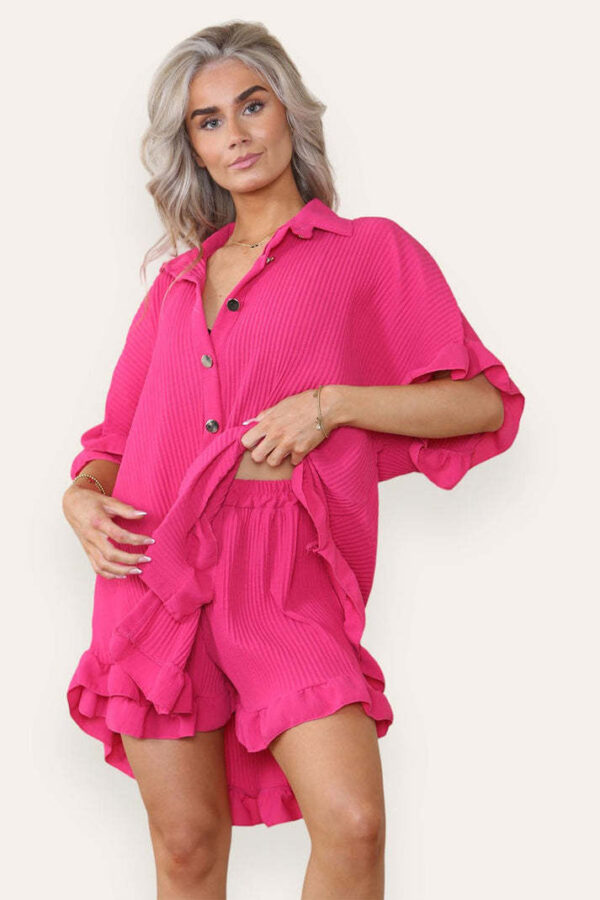 Women Casual Oversized Gold Button Pleated Frilled Ruffle Short Sleeves Shirt Top And Short Co Ord Set - Image 7