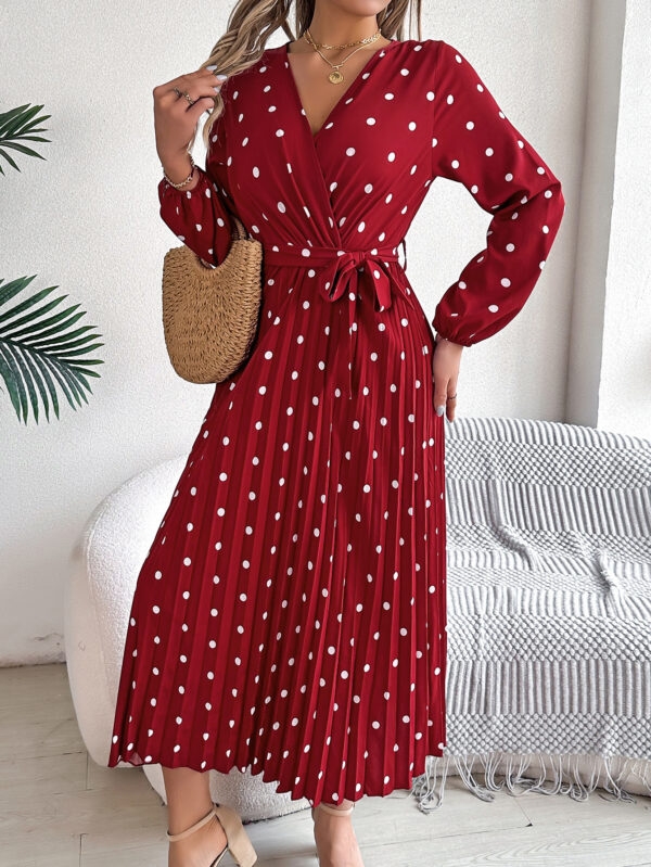 Spring Summer Elegant Long Dress Cross V-Neck Contrast Polka Dot Long Sleeve Pleated Bridesmaid Dresses - Image 5