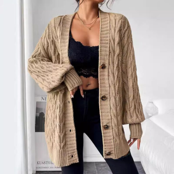 Women's Single-breasted Long Sleeve V-neck Sweaters Coat - Image 3