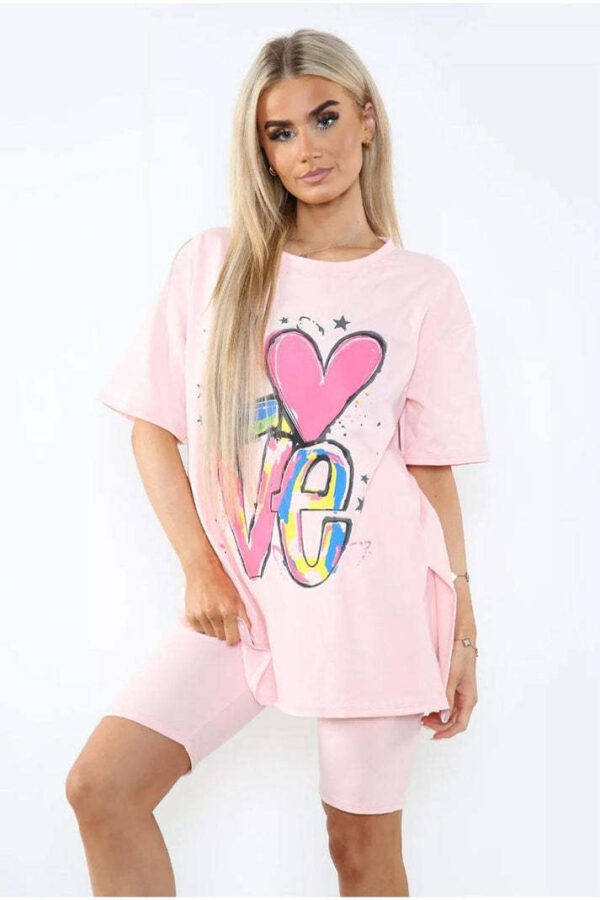 Love Side Slit Cycling Short And T-Shirts Co-Ord Two Piece Set With Front Love Slogan - Image 7