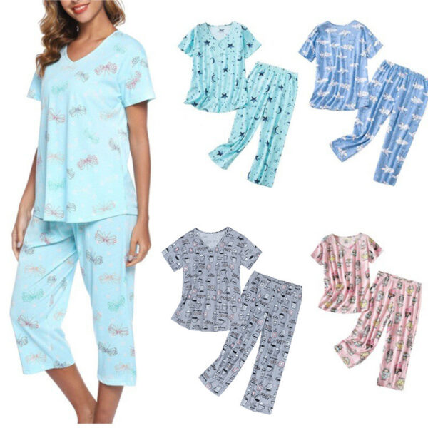 Short-sleeved Cropped Pants Suit Knitted Cotton Plus Size Women's Pajama Suit Suit - Image 7