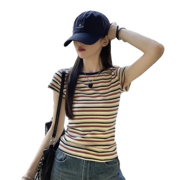 Contrast Color Striped Round Neck Short Sleeve Women's Shoulder Top - Image 4