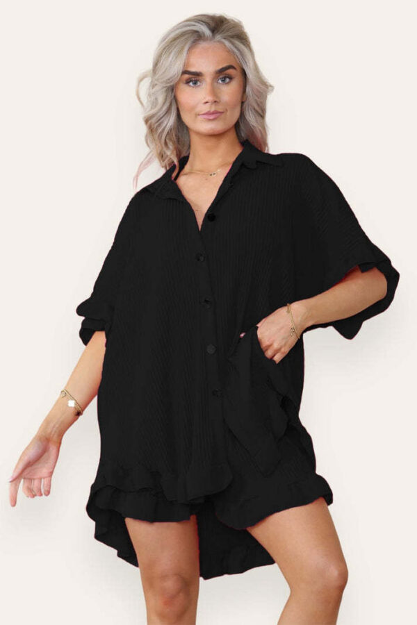 Women Casual Oversized Gold Button Pleated Frilled Ruffle Short Sleeves Shirt Top And Short Co Ord Set - Image 9