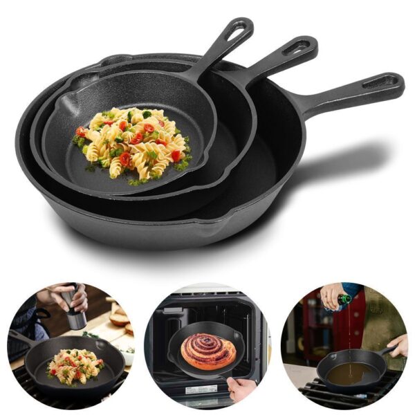 Set Of 3 Cast Iron Non Stick Skillet Griddle Cooking Pan Pre-Seasoned Frying Pan - Image 5