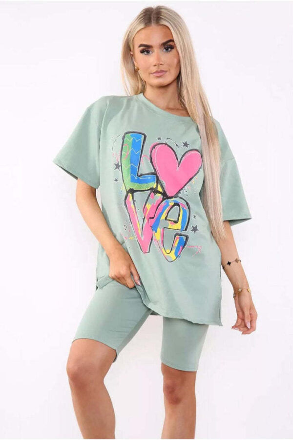 Love Side Slit Cycling Short And T-Shirts Co-Ord Two Piece Set With Front Love Slogan - Image 5