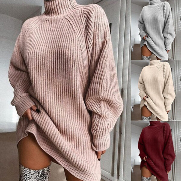 Solid Turtleneck Long Sweater Winter Warm Women Sweater Dress - Image 5